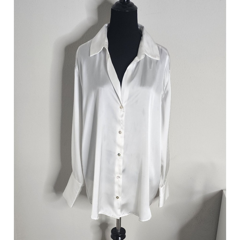 Zara White Satin Effect Long Sleeve Blouse Relaxed Fit Minimalist Capsule  - XL - Picture 2 of 7
